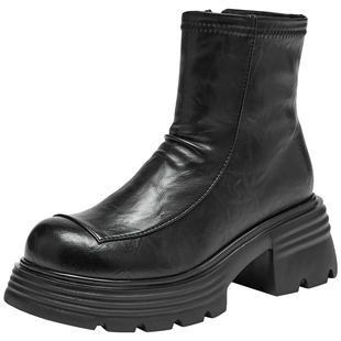 热风粗跟时装靴女鞋2025年冬季新款黑色百搭短筒靴时尚瘦瘦靴女靴