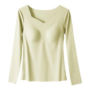 青子菁无痕茶语衣薄款抗菌内衣带胸垫秋衣长袖修身显瘦打底衫上衣