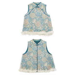 幼悠女童2025冬季新款中式旗袍蓝色加绒马甲加厚保暖冬装亲子装潮