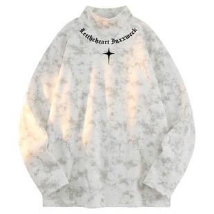 扎染半高领德绒打底衫男款加绒正肩长袖t恤男痞帅高级感内搭卫衣