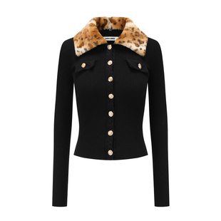 SHRO ENRO2025秋季新款都市游牧风可拆卸豹纹毛领针织上衣女开衫