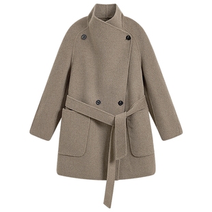 KBNE2025冬季高级感山羊绒宽松通勤中长款双面呢收腰毛呢大衣外套