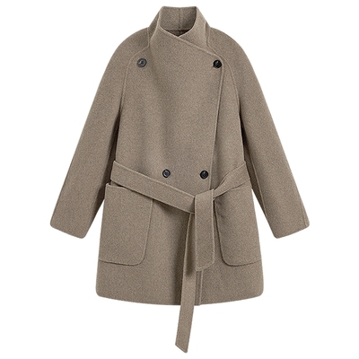 KBNE2025冬季高级感山羊绒宽松通勤中长款双面呢收腰毛呢大衣外套