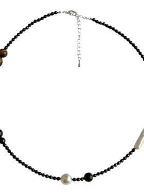 大米饰品黑玛瑙串珠项链轻奢小众高级感珍珠颈链2024冬叠戴锁骨链