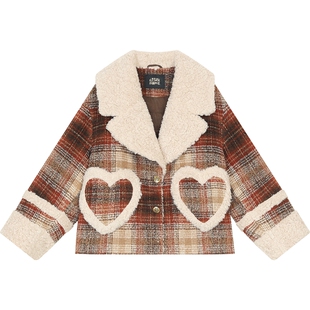妖精的口袋仿毛绒格纹拼接夹棉短款毛呢外套女2025年冬新款厚外套