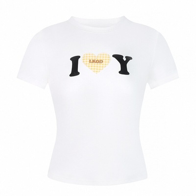 夏日潮牌格子爱心标语紧身短袖