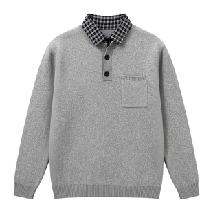 恒源祥高档假两件真口袋毛衣男士翻领秋冬商务休闲加厚保暖针织衫