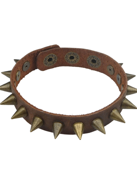 银色圆锥尖刺单列铆钉棕皮细手链