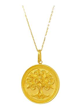 太阳神树圆牌项链 女纯银925镀黄金色发财树硬币锁骨链个性设计潮