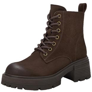 百丽复古厚底增高加绒保暖马丁靴女鞋冬款粗跟休闲短靴子E8V1DDD5