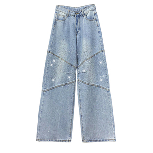 闪亮烫钻设计拼接休闲牛仔裤女秋新款高腰宽松显瘦百搭直筒阔腿裤