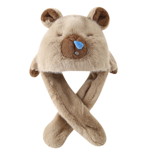 卡皮巴拉帽子儿童围巾一体捏耳朵会动的秋冬季中大男孩小围脖冬天