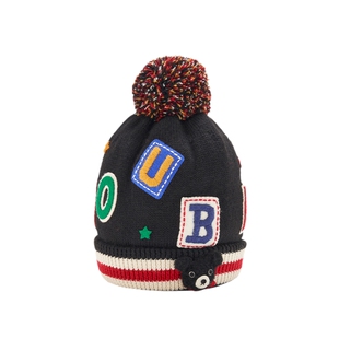 MIKIHOUSE婴儿帽子宝宝立体毛球编织帽子秋冬字母贴布男童帽子