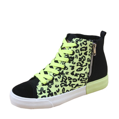 拉链圆头帆布鞋人本韩版豹纹高帮