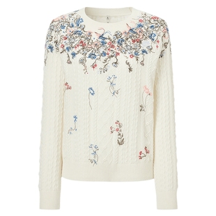 VGRASS维格娜丝春季新款绞花刺绣羊毛羊绒插肩袖针织衫圆领套头衫