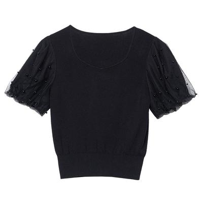 易菲短袖拼接网纱短款钉珠针织衫