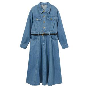 热风牛仔连衣裙2026年春季新款女士翻领牛仔长裙美式复古A字伞裙