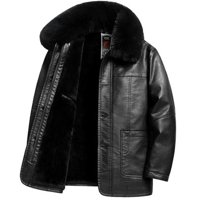 花花公子冬季加绒中长款皮衣外套