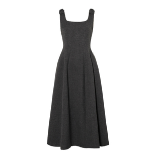 DPLAY厚款灰色连衣裙春季新款方领蝴蝶结肩带收腰法式长裙裙子