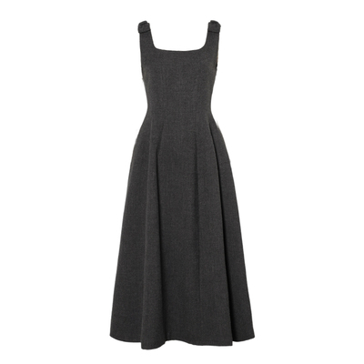 DPLAY厚款灰色连衣裙春季新款方领蝴蝶结肩带收腰法式长裙裙子