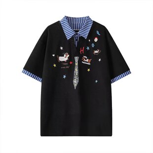 2026夏季ins风小狗领带涂鸦POLO衫短袖T恤男女美式学院风情侣上衣