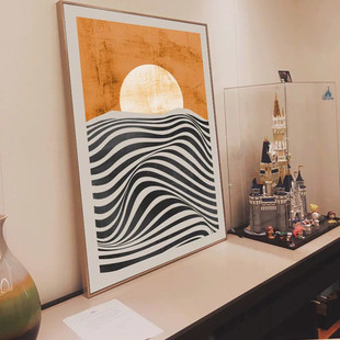 玄关装饰画过道小众竖版挂画抽象线条壁画客厅落地画日出晶瓷画