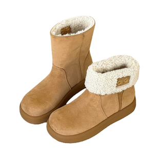 冬季加绒加厚翻毛边雪地靴女厚底软底保暖毛毛靴棉鞋两穿