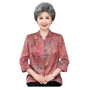 中老年人夏装女衬衣宽松大码妈妈真丝绸缎衬衫奶奶套装老太太衣服