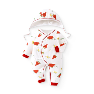 满月宝宝衣服婴儿连体秋冬加厚红色喜庆百天周岁40g夹棉保暖棉服