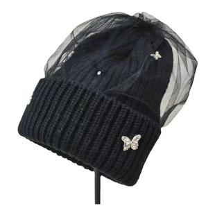 袁冰妍千惠同款黑色网纱毛线帽保暖秋冬冷帽针织白帽子冬季蝴蝶结