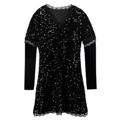 红馆年会贵气穿搭亮片裙2025冬连衣裙V领小黑裙派对千金风礼服裙