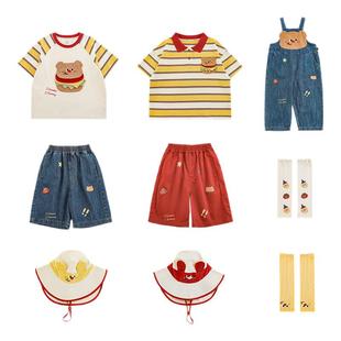 幼悠 男童2025新款宽松短袖T恤轻薄透气牛仔裤可爱汉堡系列套装潮