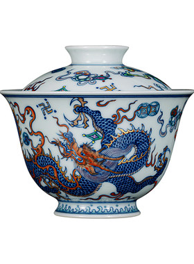 钟家窑二才盖碗茶杯 景德镇柴窑青花斗彩描金手绘龙纹高档泡茶碗