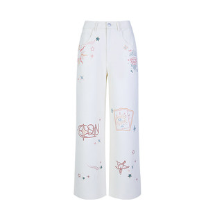 QUARTER IN NIGHT 塔罗彩色涂鸦牛仔长裤 美式复古休闲街头潮流