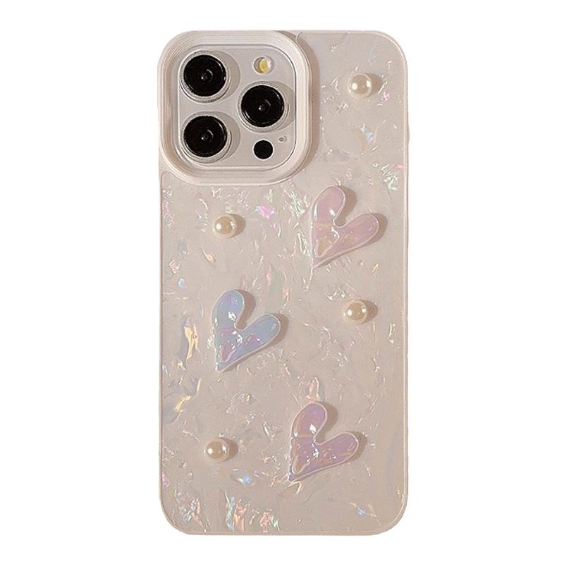 白色贝壳纹适用iPhone15苹果14Promax手机壳17立体爱心12珠子11女16ProMax防摔保护套15MAX新