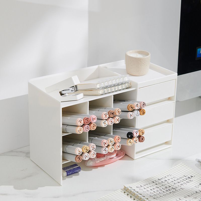 桌面可叠加斜插式笔筒收纳盒 多功能办公带抽屉马克笔眉笔置物架