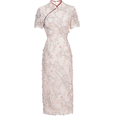 莞然粉色花朵修身旗袍连衣裙