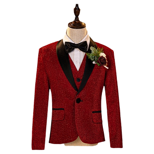 儿童西装套装男童红色亮片新年花童主持人礼服钢琴演出服晚会演出