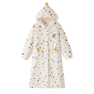 BE蜡笔小新珊瑚绒睡袍女冬季浴袍连帽开衫睡衣秋冬天加绒加厚长袍