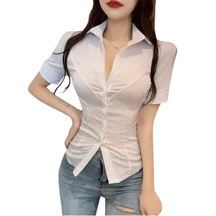 大码辣妹收腰白色短袖衬衫女性感纯欲制服衬衣足浴技师工作服胖mm