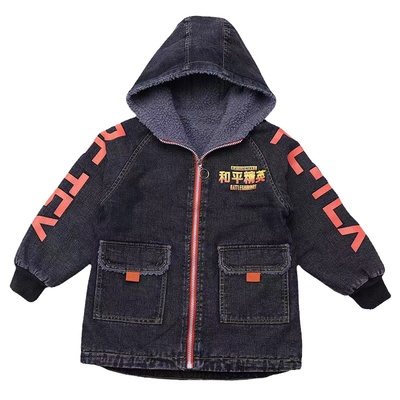 男童牛仔加绒外套中长款风衣棉服