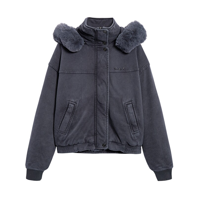 Desigual宽松水洗仿皮草连帽长袖棉服女式外套