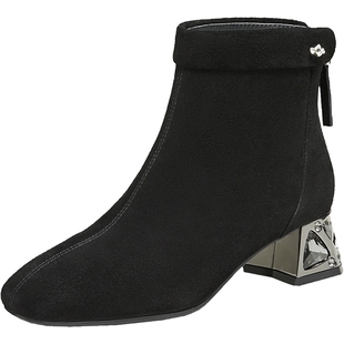 TATA他她靴子女鞋2025冬羊皮百搭增高鞋粗跟加绒弹力短靴XJQ02DD5