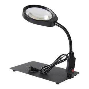 带三色可调灯放大镜PD-032大视野玻璃镜片金属支架10倍夹台磁铁式