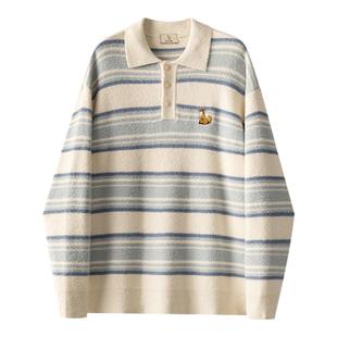 威廉福克斯秋冬季绒感polo领情侣宽松条纹针织衫保暖慵懒毛衣男女