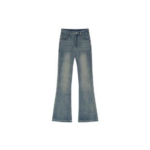 复古蓝微喇牛仔裤女秋冬加绒胖妹妹mm高腰显瘦不贴腿弹力喇叭裤子