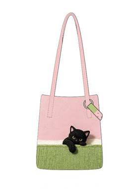 粉色猫咪大容量单肩帆布托特包
