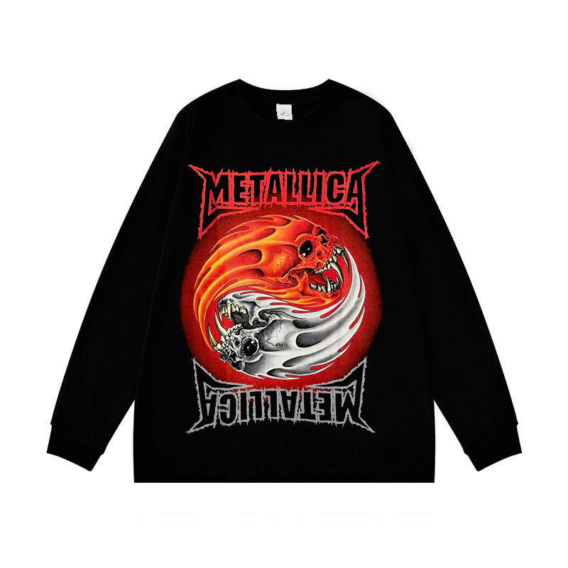 Metallica乐队摇滚骷髅印花长袖T恤男女宽松黑色纯棉上衣打底秋冬