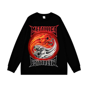 Metallica乐队摇滚骷髅印花长袖T恤男女宽松黑色纯棉上衣打底秋冬