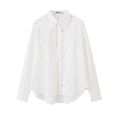 DIDDIMODA 前片蕾丝拼接薄款镂空上衣白色长袖衬衫早秋新款